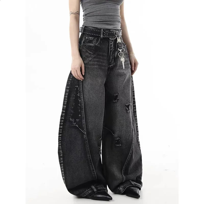 Y2K black graffiti wearing womens jeans high waisted retro straight pocket denim pants American wide leg Trouser 250420