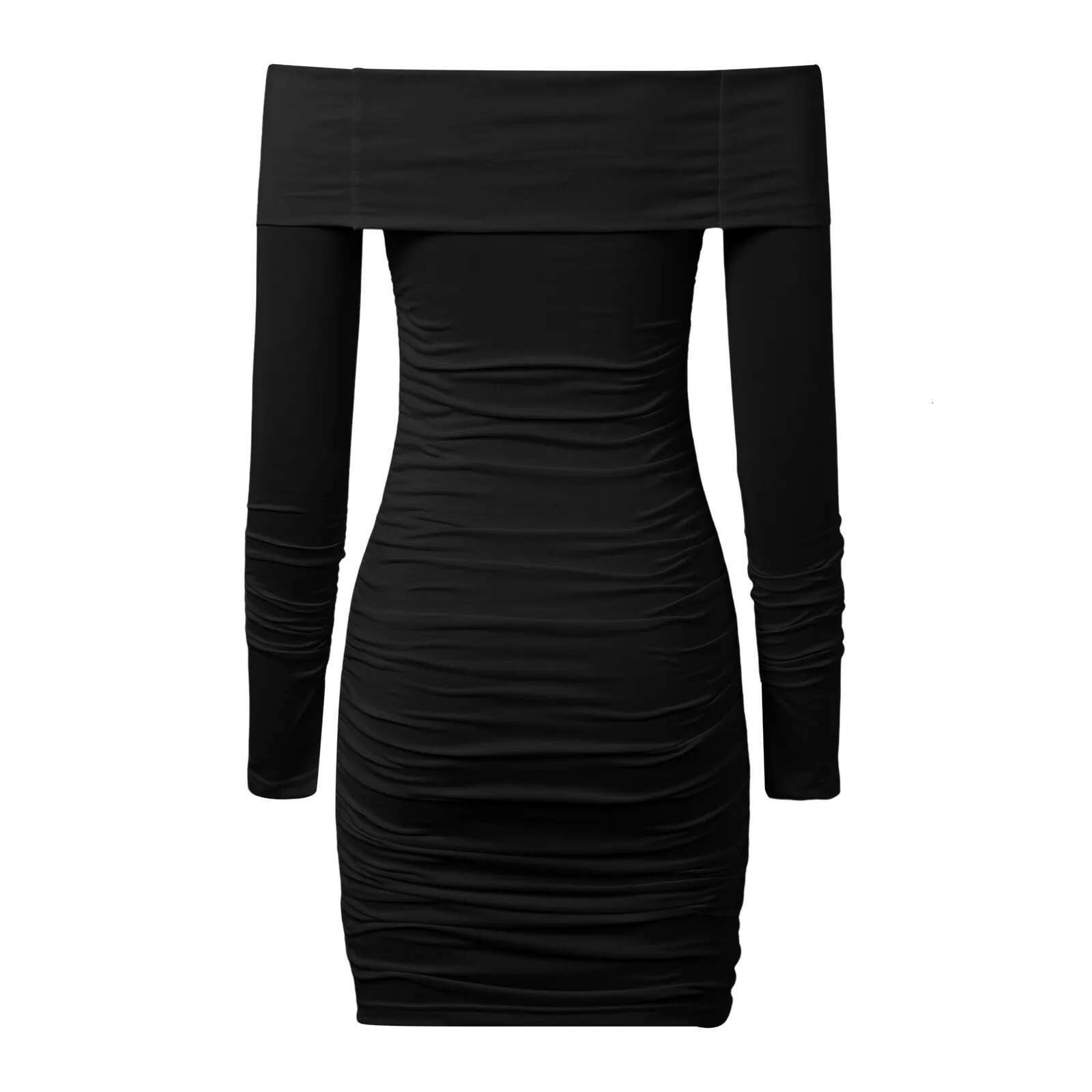Dongdumaoyi Temperament Black Dress Female Solid Color Slash Neck Off Shoulder Tight Fitting Long Sleeved Package Hip Midi Clubwear