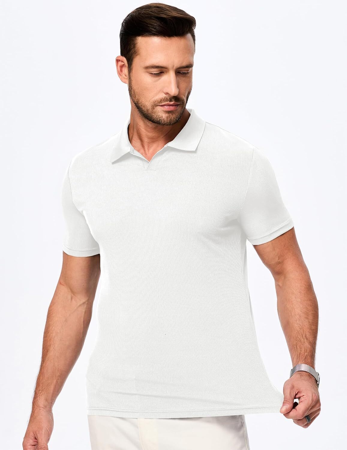 Mens Polo shirt Men's Muscle V Neck Polo Shirts Casual Short Sleeve Slim Fit Ribbed Golf T Shirt Athletic Tee