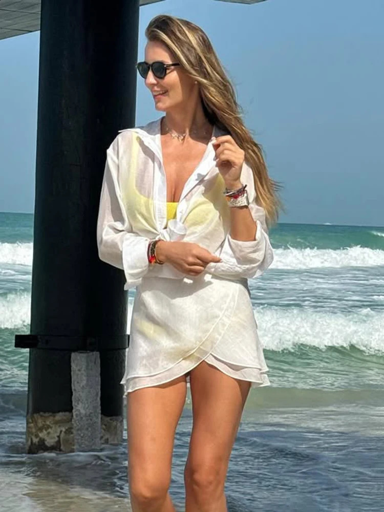 TARUXY Summer Beach Sunscreen Shirt Set Womens Long Sleeves See Through Casual Vacation Skiwear Swimsuit Cover 250422