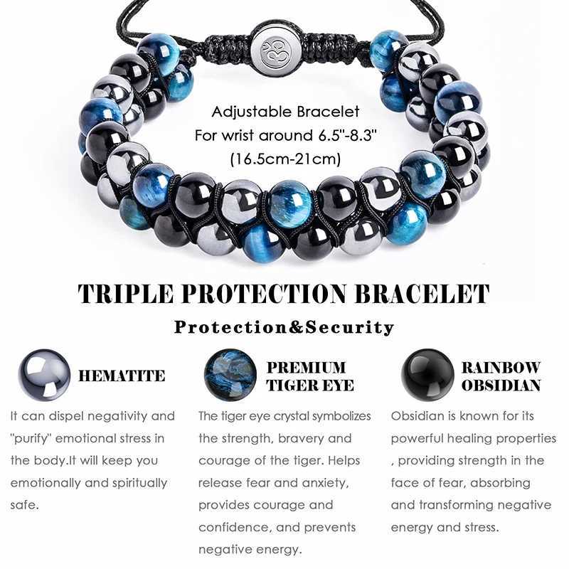 Triple Protection Bracelet 8mm Beads Bracelet Tigers Eye Black Obsidian Hematite Bracelet for Men Women Healing Crystal Bangle J251125
