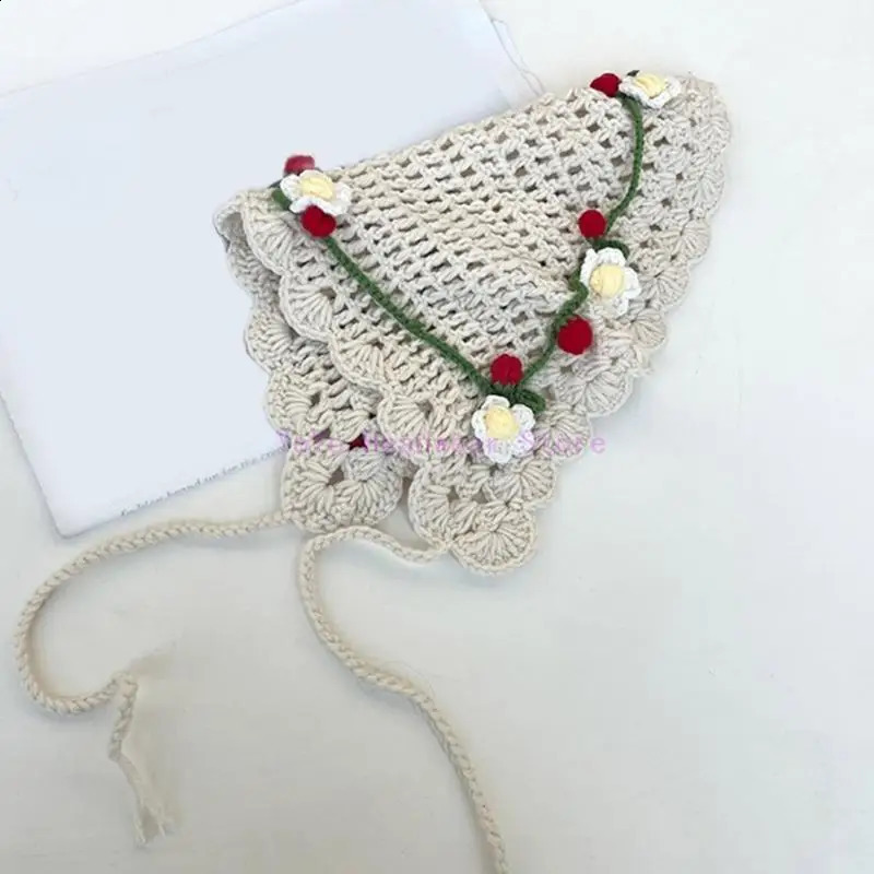 Handmade Knitted Hair Scarf Flower Pattern Headwear Outdoor Girl Kerchiefs P00E 250423