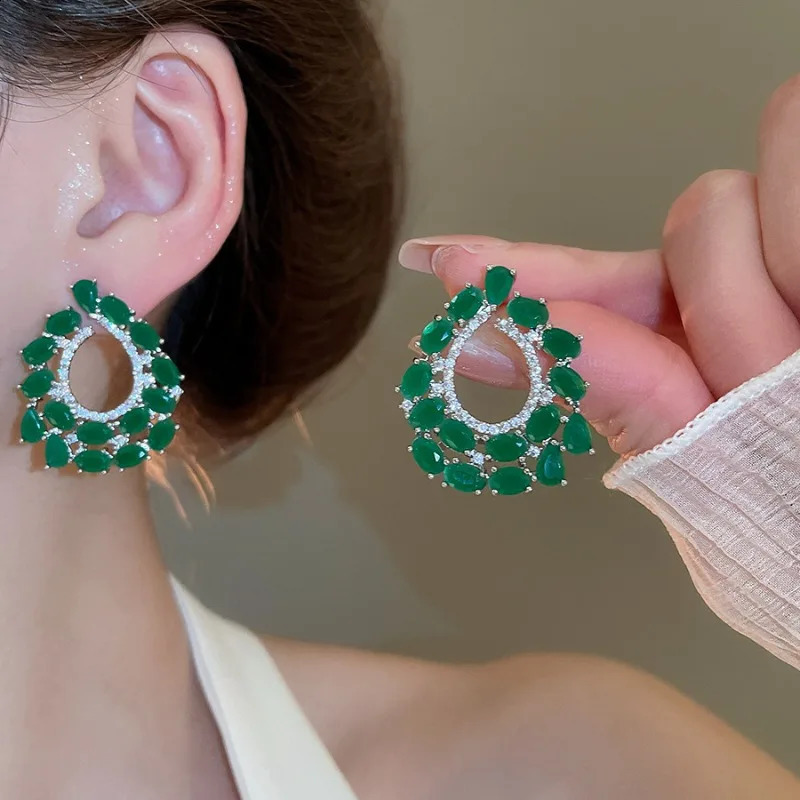 Minar Unusual Green Color CZ Cubic Zirconia Hollow Water Drop Pendant Earrings Silver Plated Copper Jewelry 250422