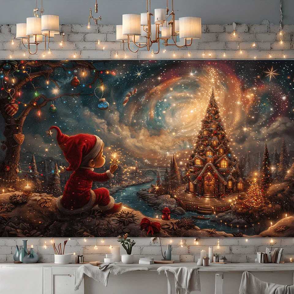 VIKAMA Christmas Elf Tapestry Dreamy Elves Sparkling Christmas Tree Starry Sky Living Room DecorationM251125