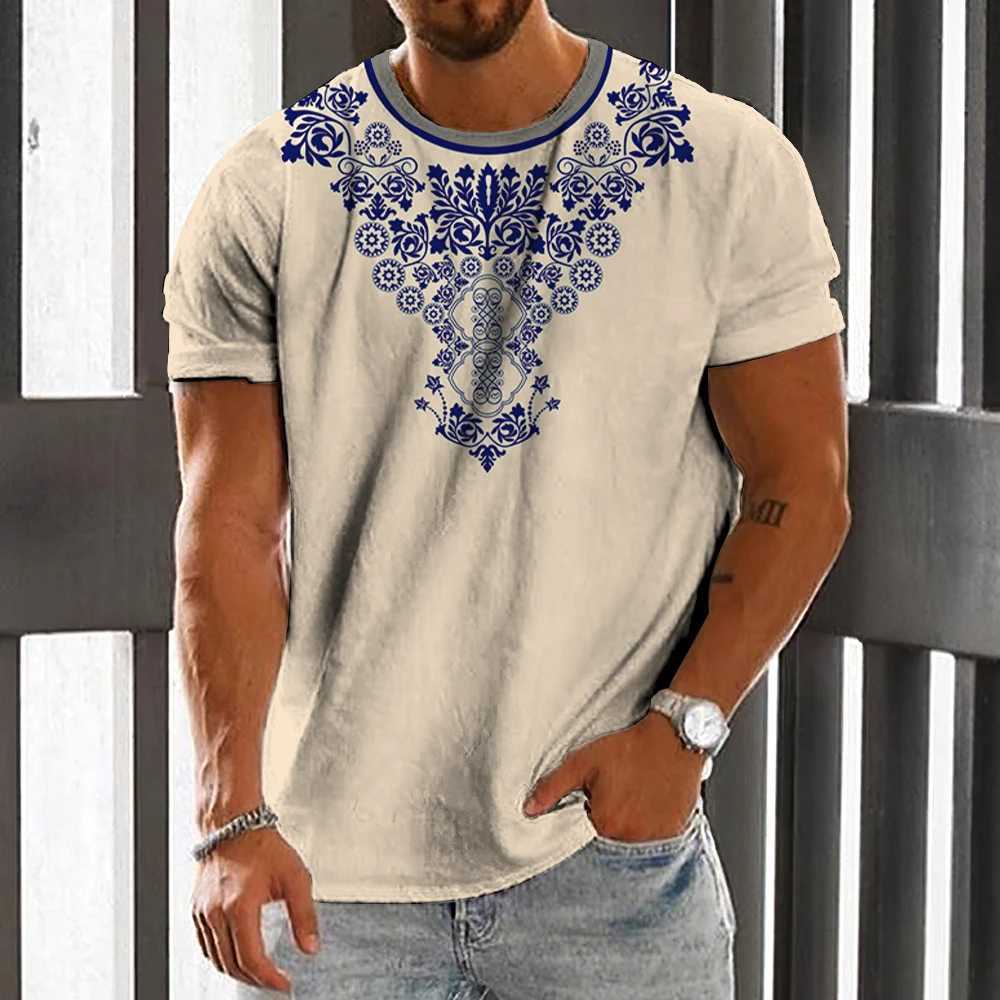Retro mens T-shirt with ethnic print casual short sleeved summer round neck mens loose sportswear breathable mens clothing W250425