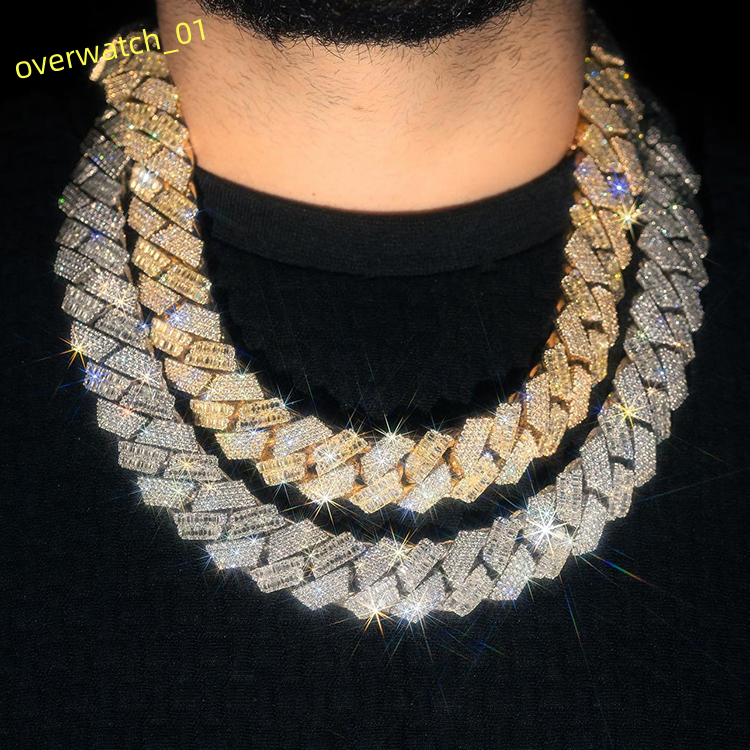 Custom Luxury 22mm Baguette Chain 925 Sterling Silver D White Baguette and Round Moissanite Cuban Link Chain Mans Necklace