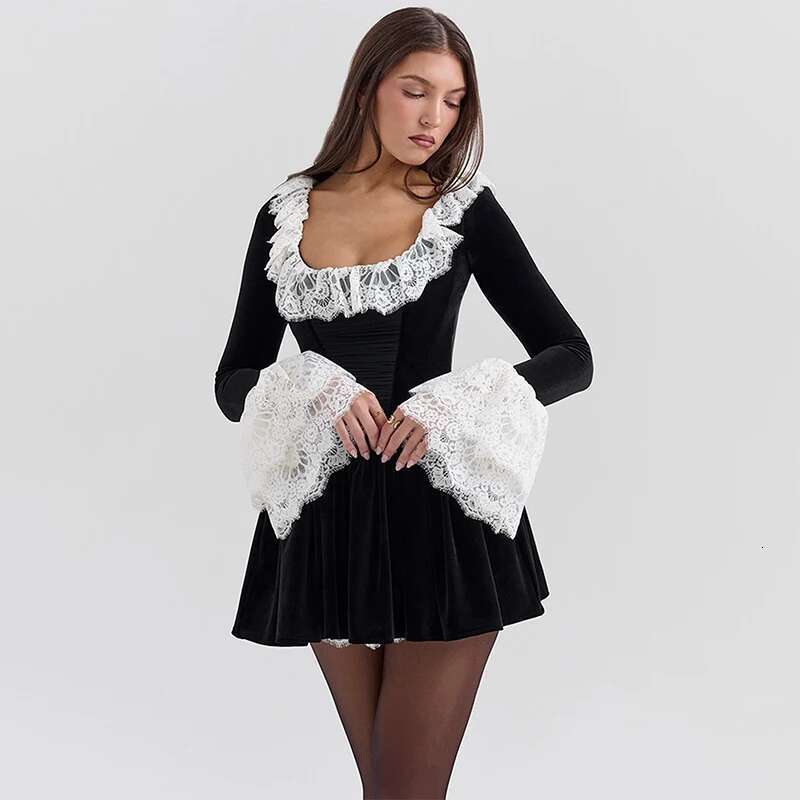 Dongdumaoyi Townlike Lace Patchwork Velvet Waist Wrap A Line Pleated Dress Women Mini Autumn Winter Nightclub Sexy Party Dresses