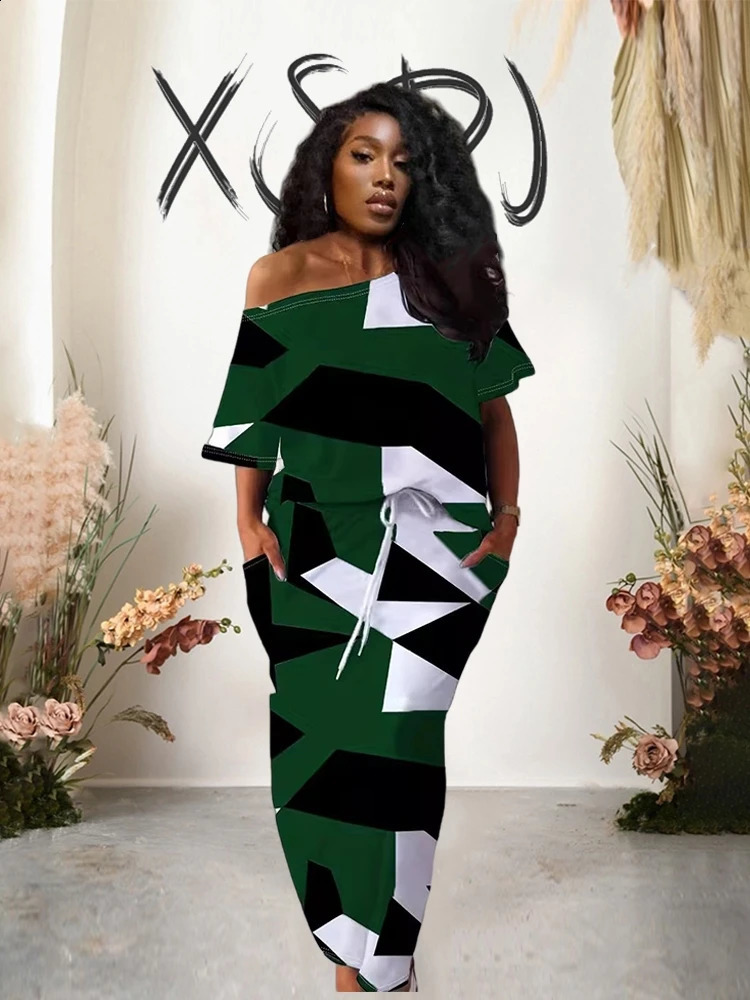 Two piece set of womens plus size summer clothing sloping shoulder T-shirt and elastic waist dress womens casual set 250422