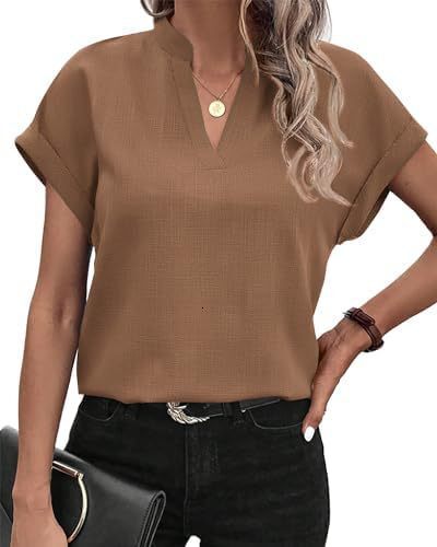 2024 summer simple and fashionable V-neck short sleeved linen shirt for women