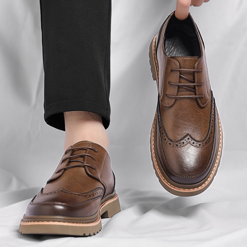Free shipping men's brown leather brogue shoes thick soled comfortable breathable anti slip lightweight durable versatile daily wear retro dress 