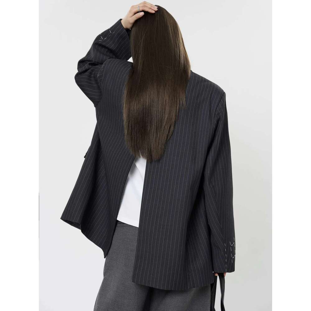 Women's Casual Striped Pocket Decoration Double Breasted Loose Jacket Blazer