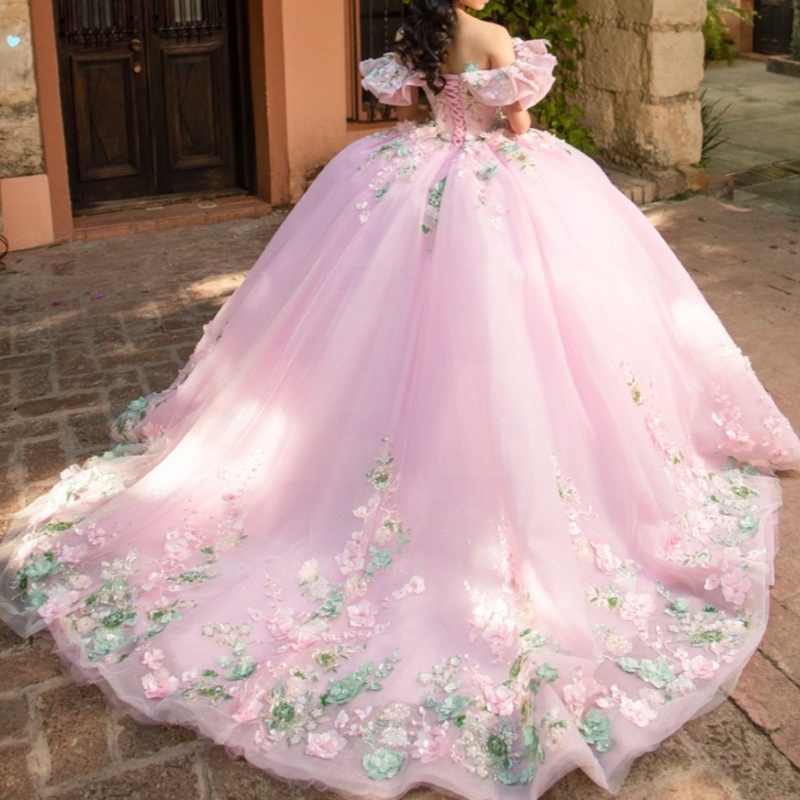 Pink Shiny Princess Quinceanera Dresses Off Shoulder Applique Flower Beads Tull Sweet 16 Dress Ball Gown Vestidos 15 De Anos