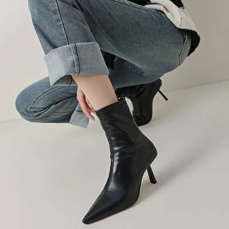 2024 New Autumn Winter Pointed Toe Women Ankle Boots Fashion Zipper Shoes Thin High Heel Women's Morder Short Booties D214
