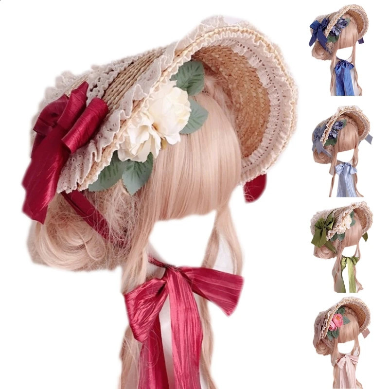 Pastoral Style Flat Top Hat Lace Flower Ribbon Straw Hat Lolita Hat Bonnet Hat French Hat All-match for Beach Vacation 250420