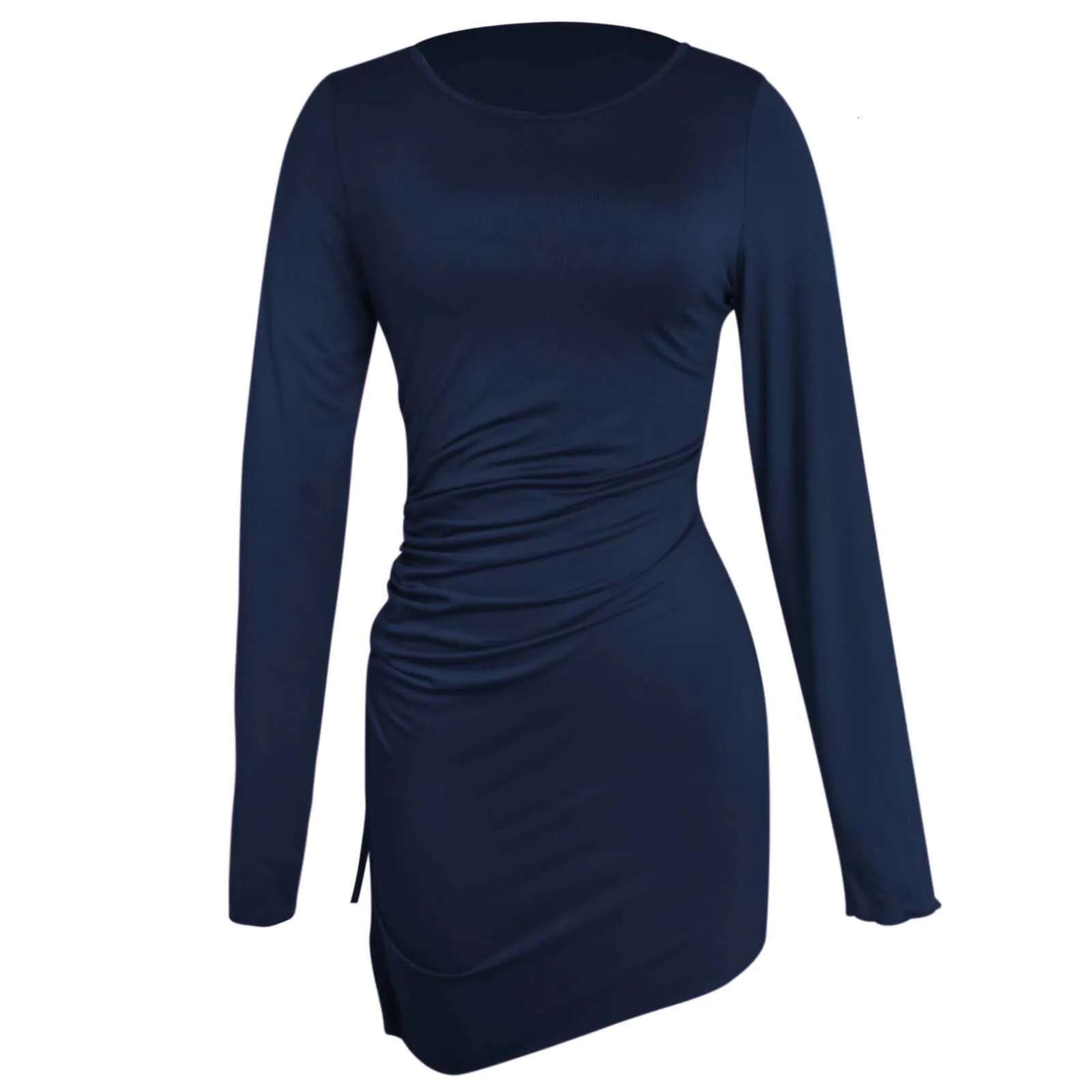 Dongdumaoyi New Women S Sexy Slim Fit Dresses Solid Color Hip Skirt Long Sleeve Round Neck Drawstring Dress Summer Ruffle