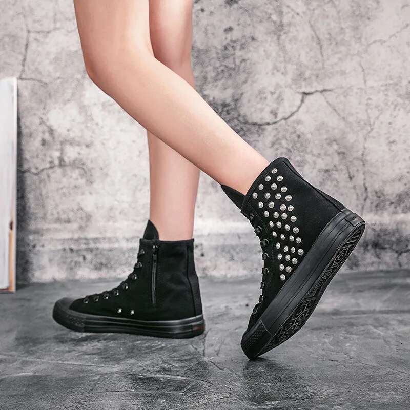 Spring new medium-sized lace-up side zipper rivet breathable short canvas flat inner heightening large size women's shoes