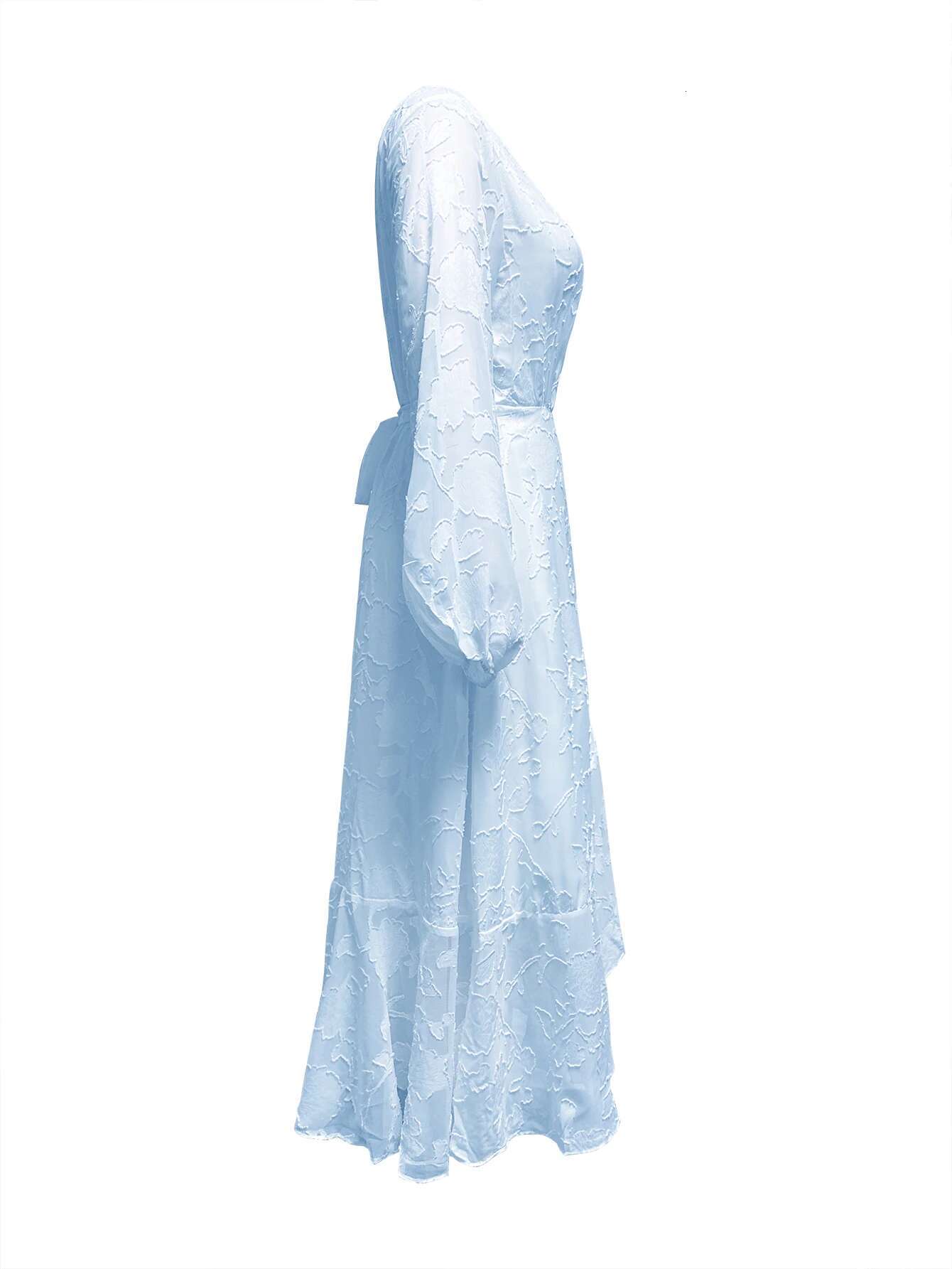 Dongdumaoyi New Summer Simple V Neck Pure Color Belted Ruffled Lantern Sleeve Mid Length Dress