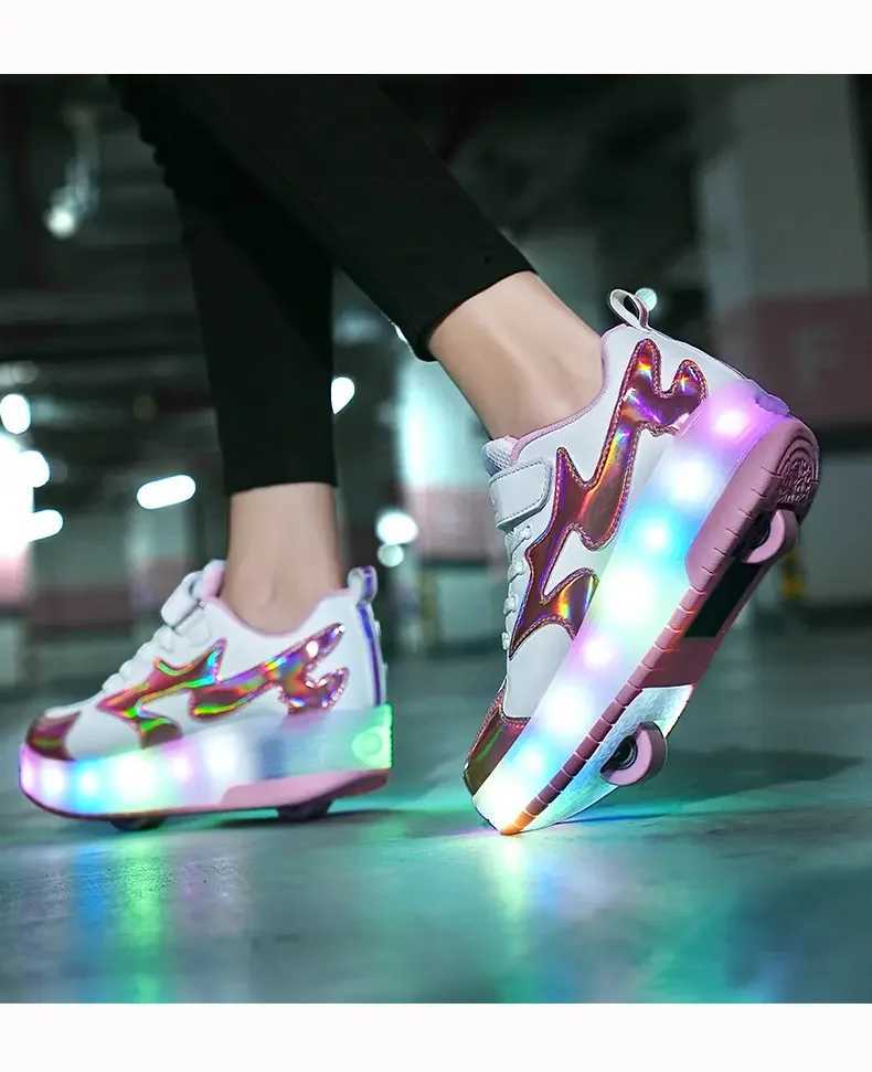 Childrens USB charging roller shoes with glowing sports shoelaces and wheels childrens roller skateboarding shoes W250425