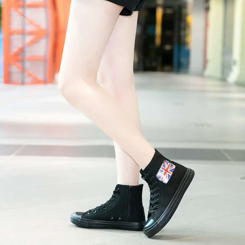 Spring new round toe high-top cross-lace-up fashion print canvas flat heightening casual daily large-size women's shoes