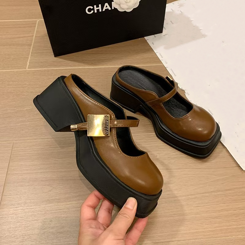 Womens Elegant Summer French Mary Jane Thick Heel hot Metal New Buckle British Style Flat Shoes For Commuting 240705