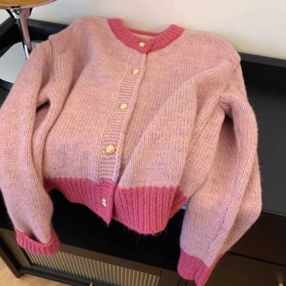 Chic Y2K Long Sleeve Cardigans Round Neck Pullover Crochet Crop Sweater Loose Single Breasted Knitted Sweater WomenT251125