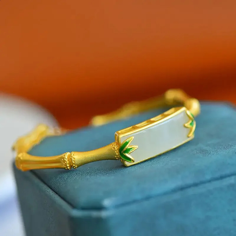 Classic Natural an Jade Leaf Bamboo bracelet for women Square Enamel quietly elegant Style bangles Banquet Jewelry 250424