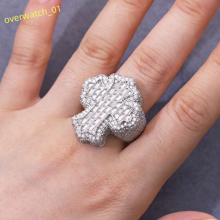 Customized Mens Ring White Gold Plated S925 Sterling Silver With Vvs Moissnaite baguette Ring Cuban Cross Ring