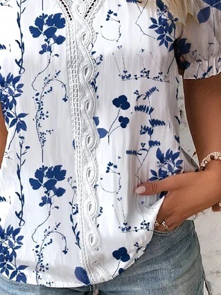 2023 Summer V-neck Lace Splicing Printed Shirt Womens Shirt