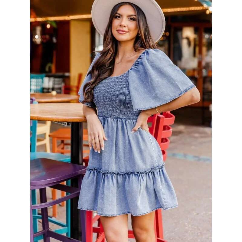 Dongdumaoyi Spring And Summer New Temperament Commute Pullover Loose Denim Short Sleeve Dress D