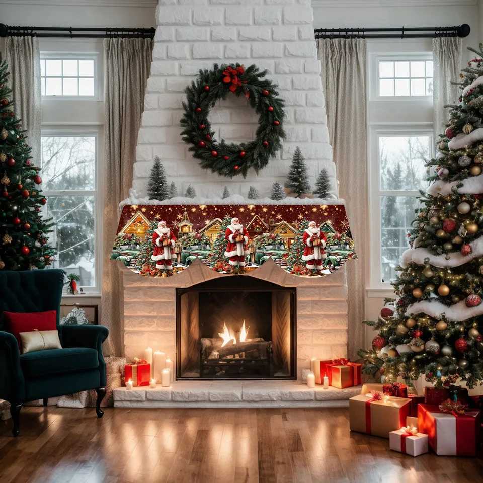 1 Piece Christmas Snow Scene Themed Fireplace Scarf with Santa Claus and Truck Gift Pattern Perfect for Holiday Home DecorationM251125
