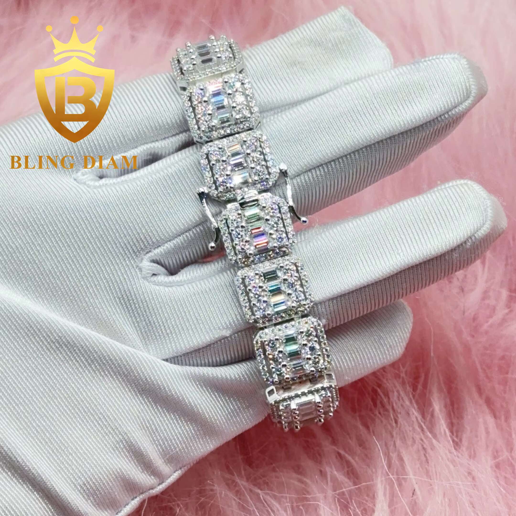 Hip Hop Bling Jewelry 13mm Baguette Tennis Chain Moissanite Ice Out 925 Silver Cluster Moissanite Cuban Chain Necklace Bracelet