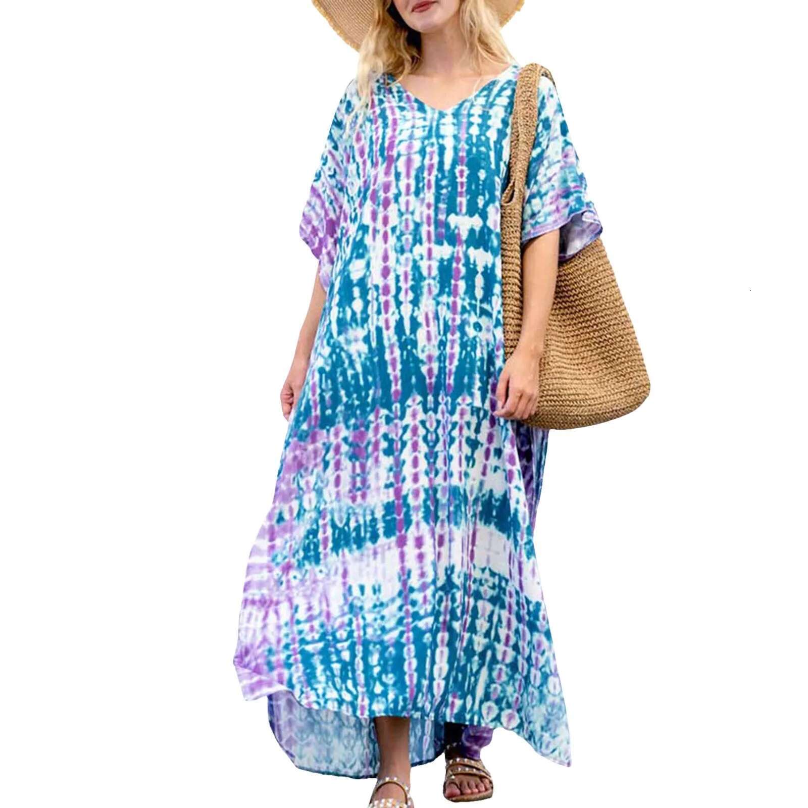 Dongdumaoyi Fitshinling Halo Dyeing Vintage Beach Long Dress Women V Neck Oversize Robe Side Split Loose Kaftan Holiday Boho Maxi Dresses