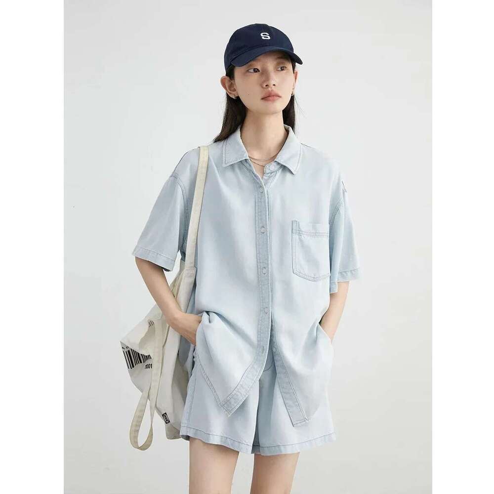 CHIC VEN Women Shirts Loose Blue Casual New Fashion Denim Shirt Elastic Waist Shorts A-Line Skirt Set Summer 2024