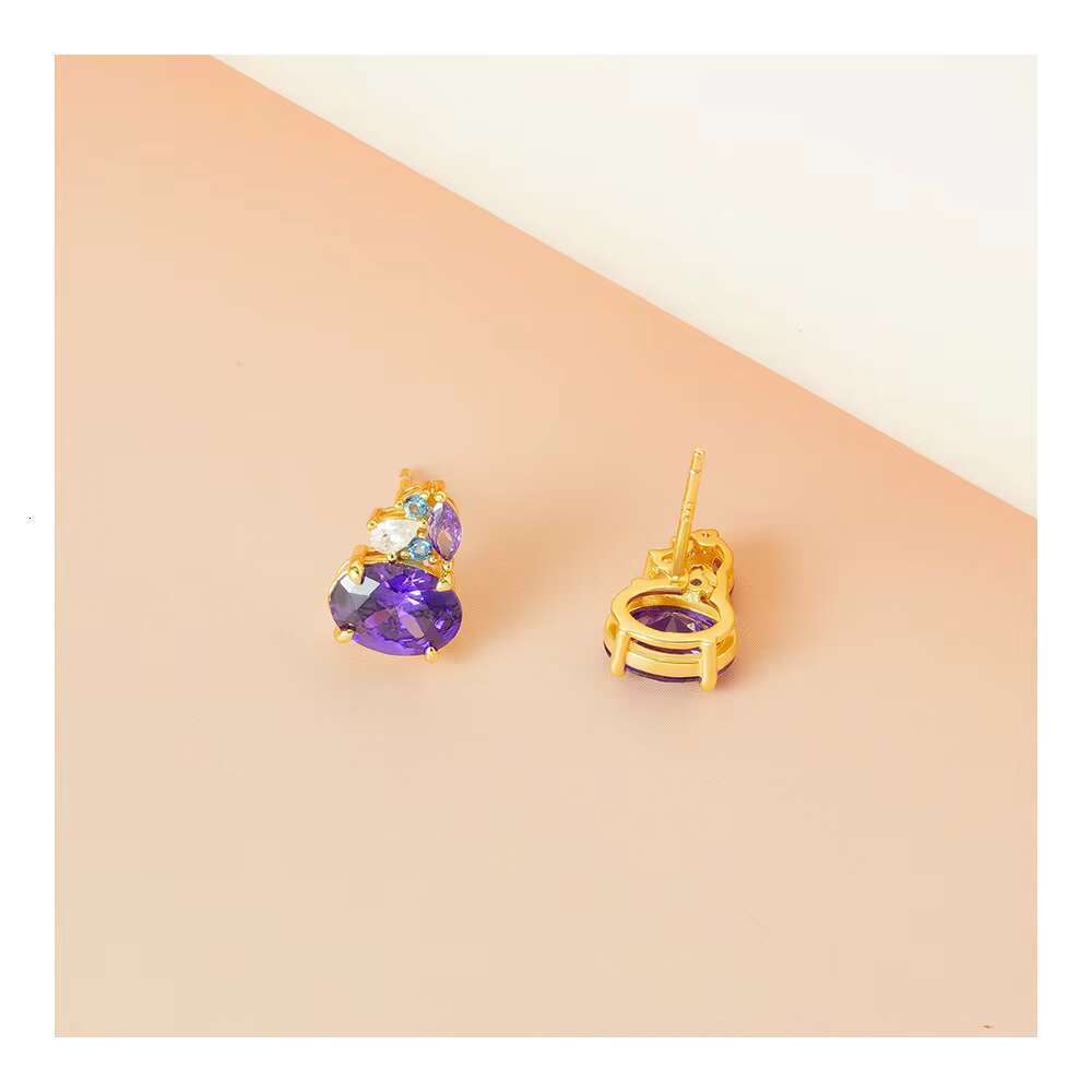 Exquisite handmade pure sier with gold plated oval purple crystal zircon earrings for women
