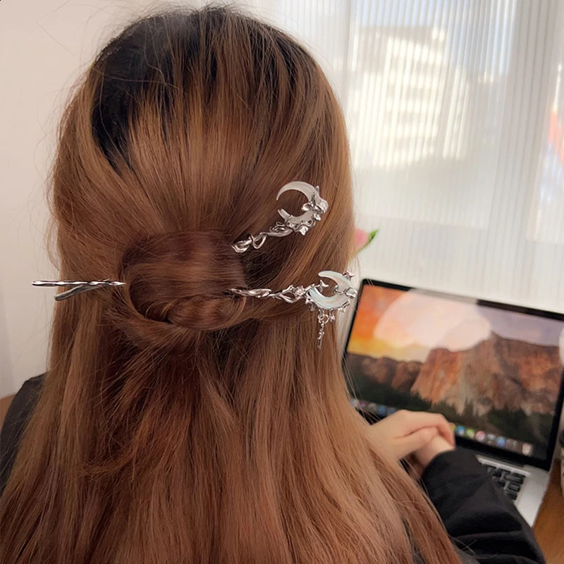 Romantic Moon Stone Star Hair Stick Metal Branch Clip Chinese Style Girl Jewelry 250417