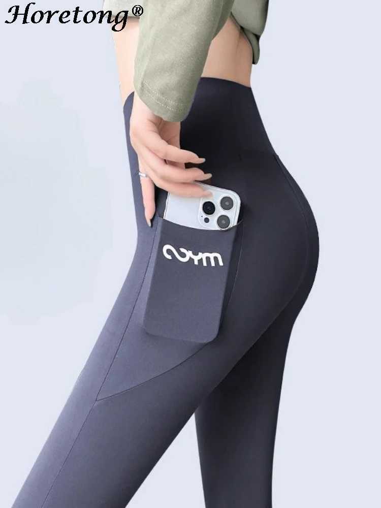 Horetong womens sports pants pockets high waisted running casual streetwear womens tight fitting sportswearC250425