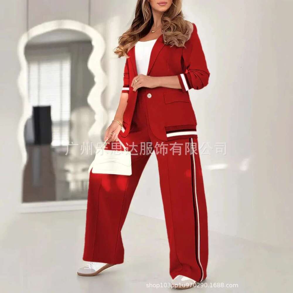 Spring Fashion Casual Loose Button Suit Wide Leg Pants Two Piece Set Women