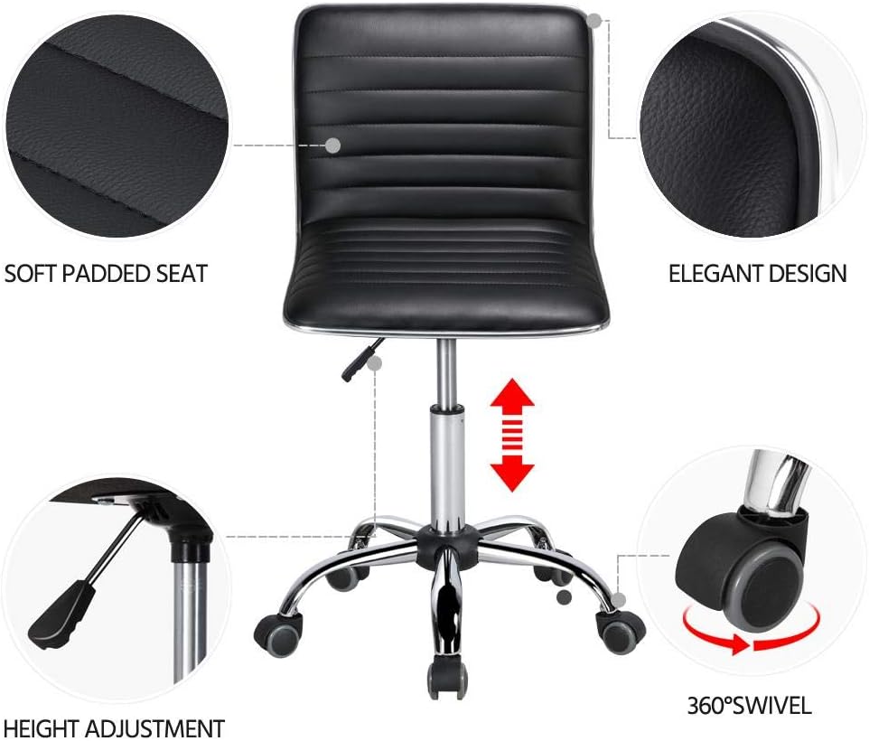 Adjustable Task Chair PU Leather Low Back Ribbed Armless Swivel Black Desk Chair Office Chair Wheels