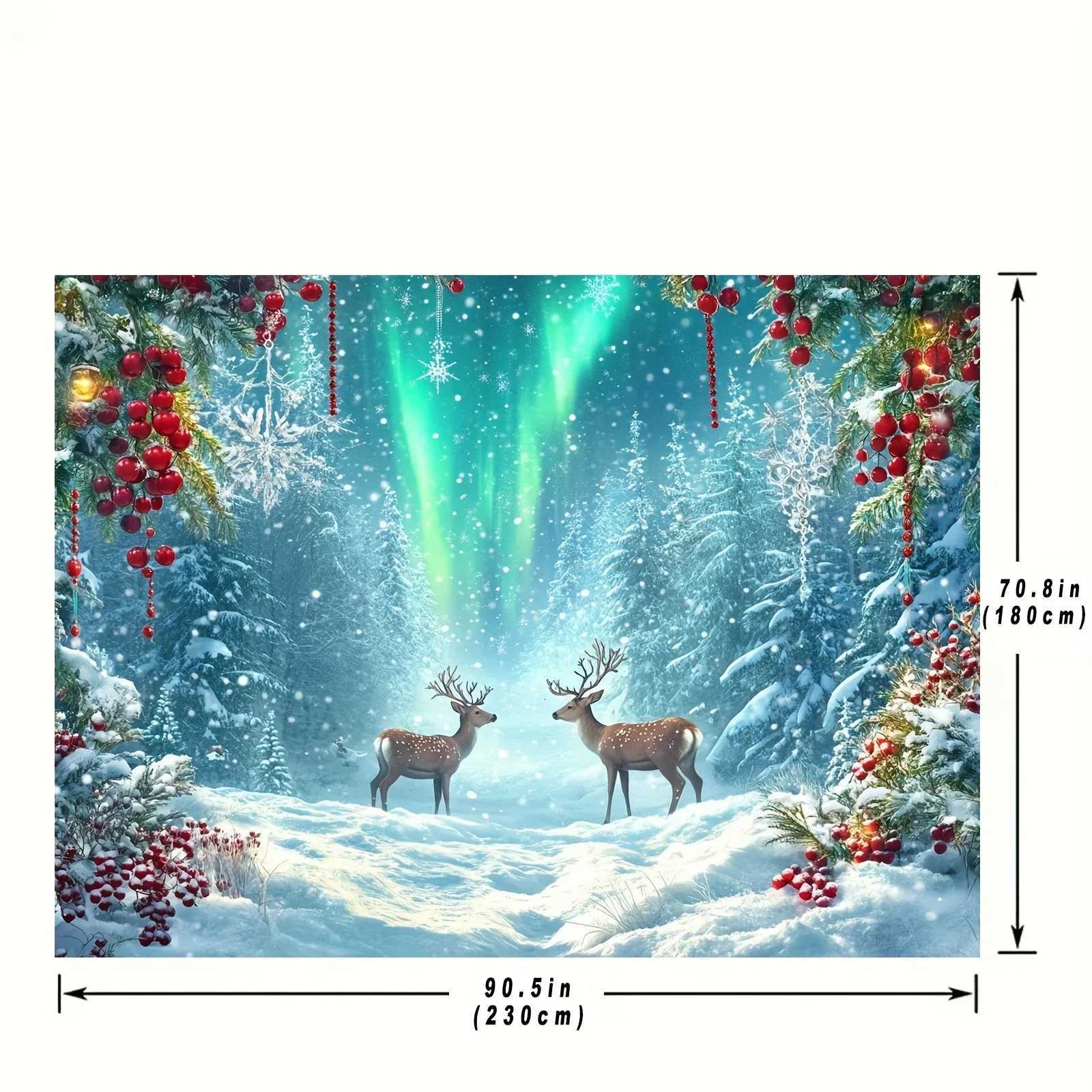 1pc Extra Large Winter Snow Scene Wall Tapestry - Northern Lights Aurora Borealis Backdrop with Two Deer Red Green OrnamentsM251125