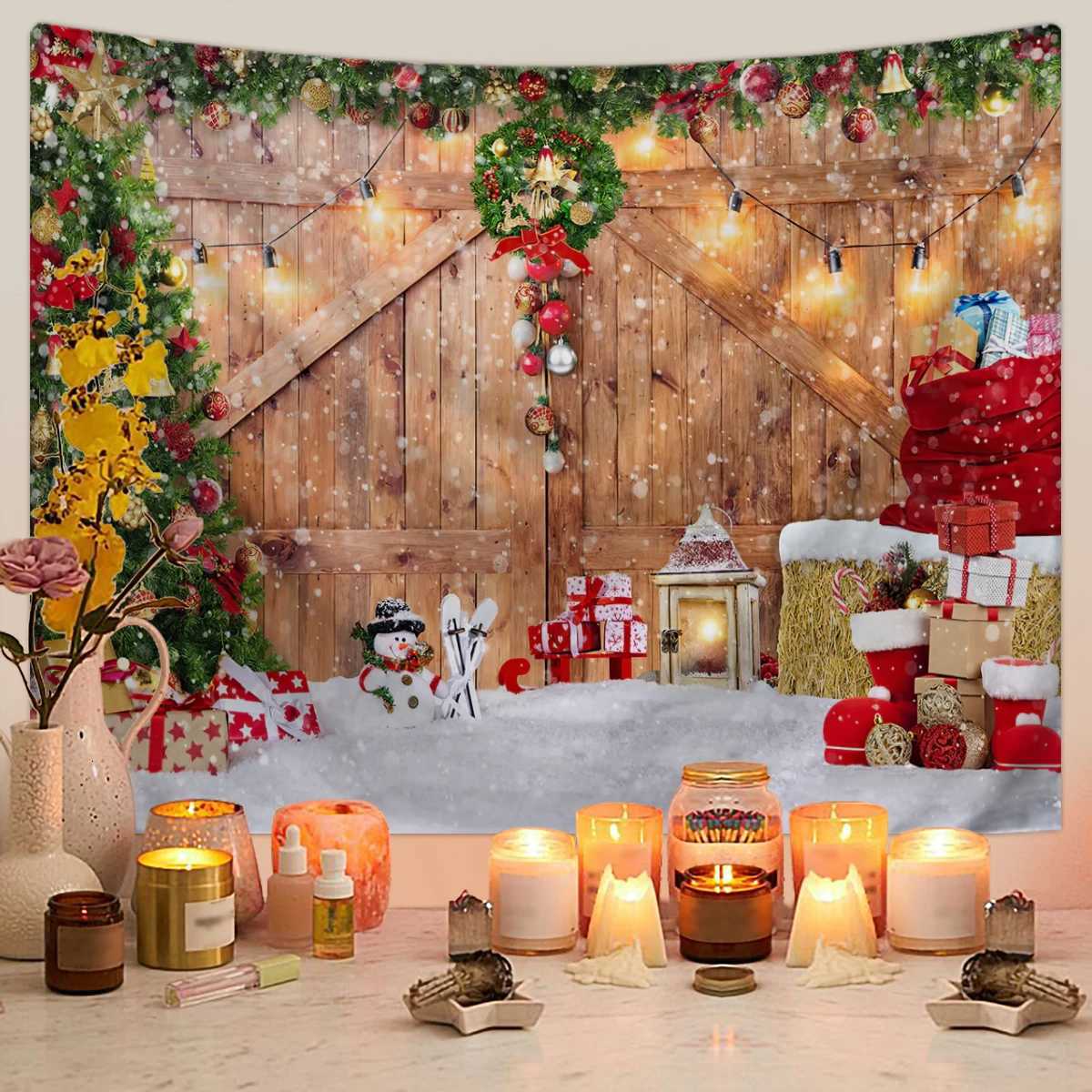 1pc Christmas Background Cloth Christmas Ball Photography Background Tapestry Happy New Year Family Party DecorationM251125