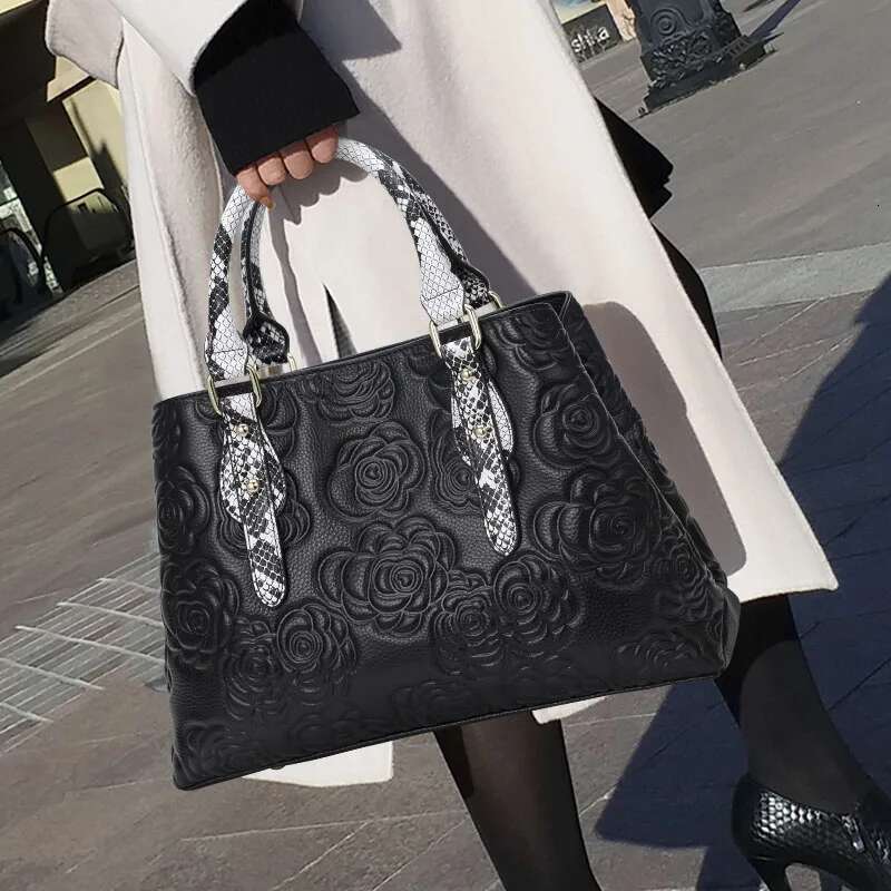 Aidrani Genuine Leather Women's Handbag,Flower Pattern, Black Cowhide Large Bag
