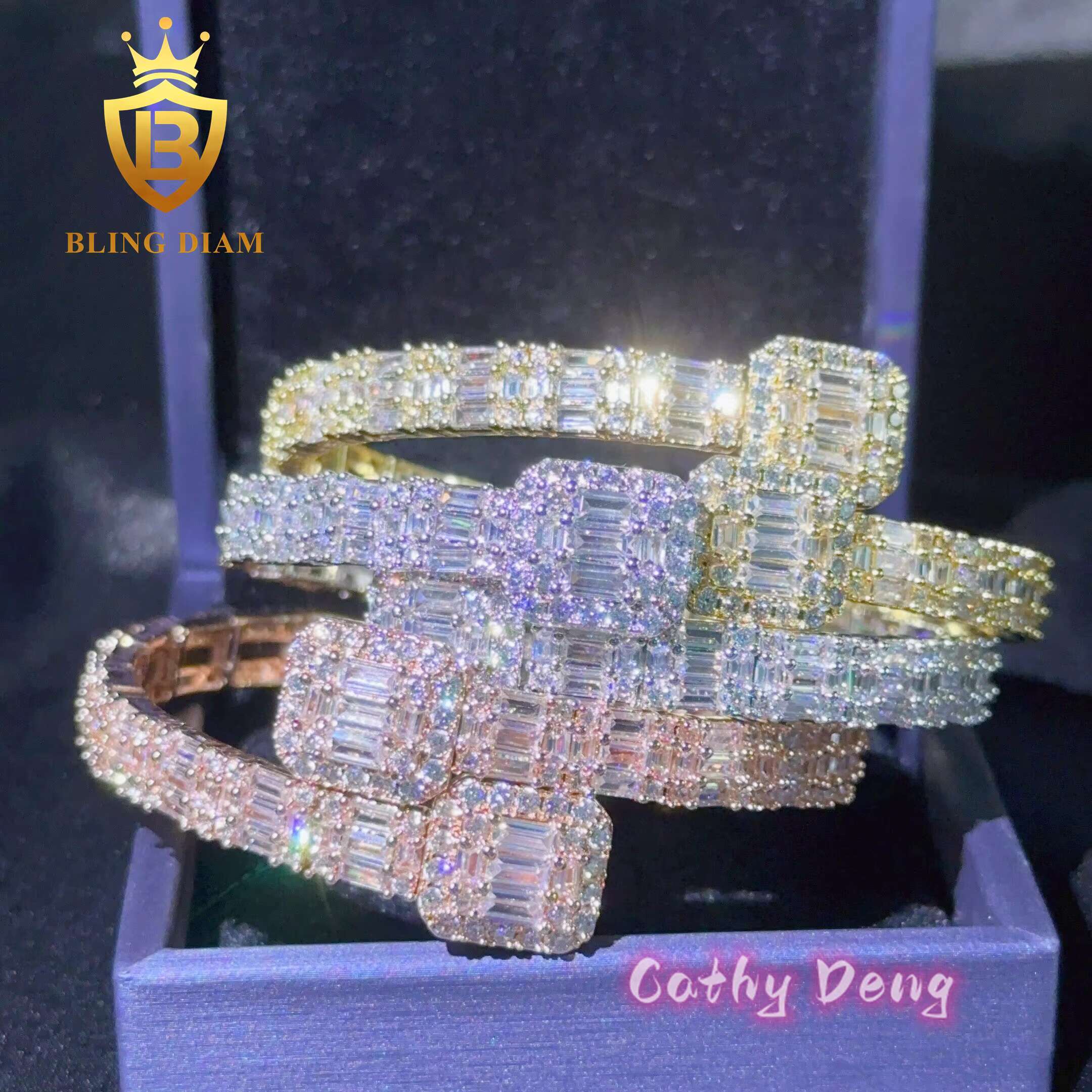 Fashion Cuban Bangle Hip Hop Jewelry Gold Plated Brass Baguette Moissanite Diamond Cuban Link Bracelet Bangles