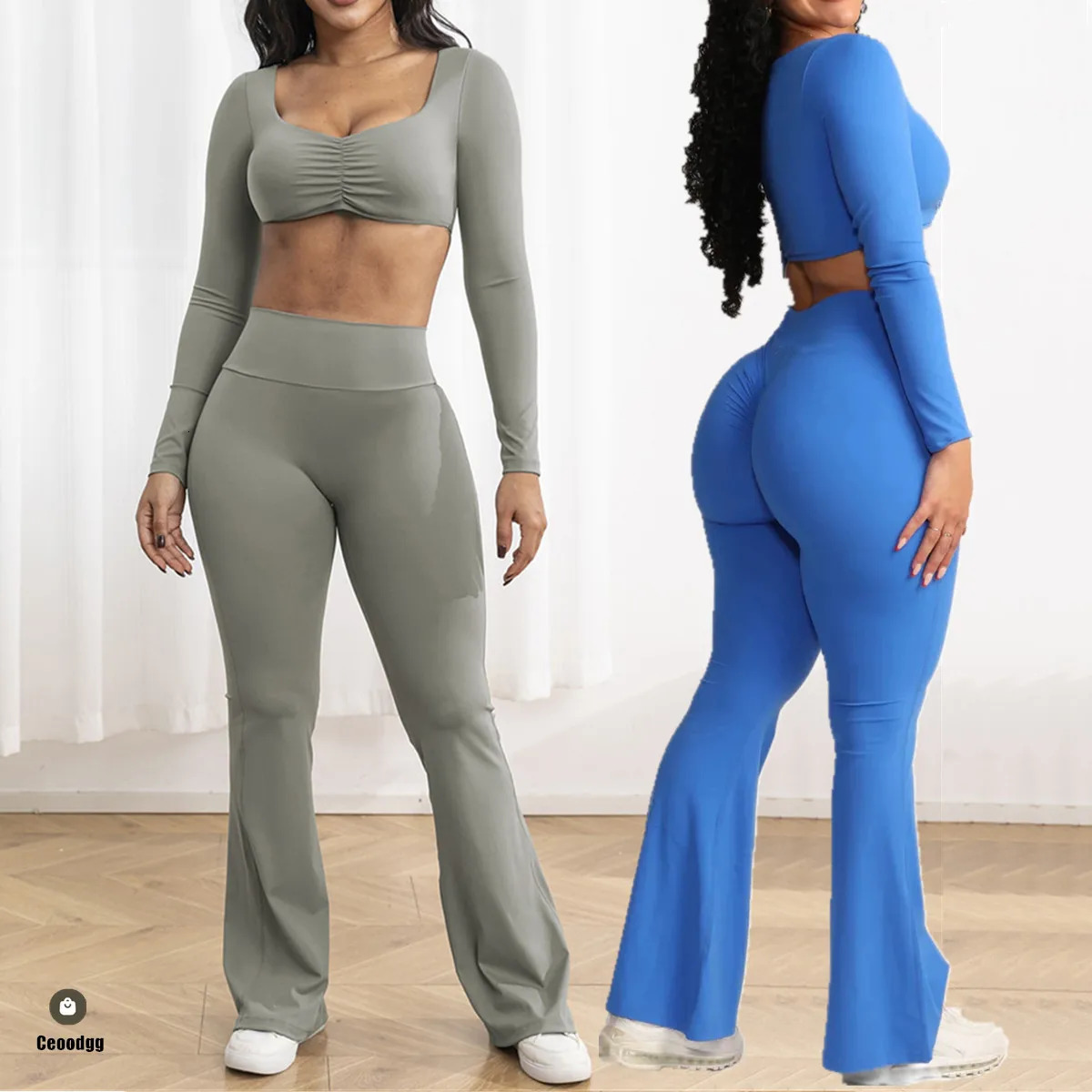 2Pcs Long Sleeve Pad Crop Tops Yoga Set Women Gym Sport Wide Leg Flare Scrunch Pant Workout Fitness Legging Active Wear XP298 251104 - view 3