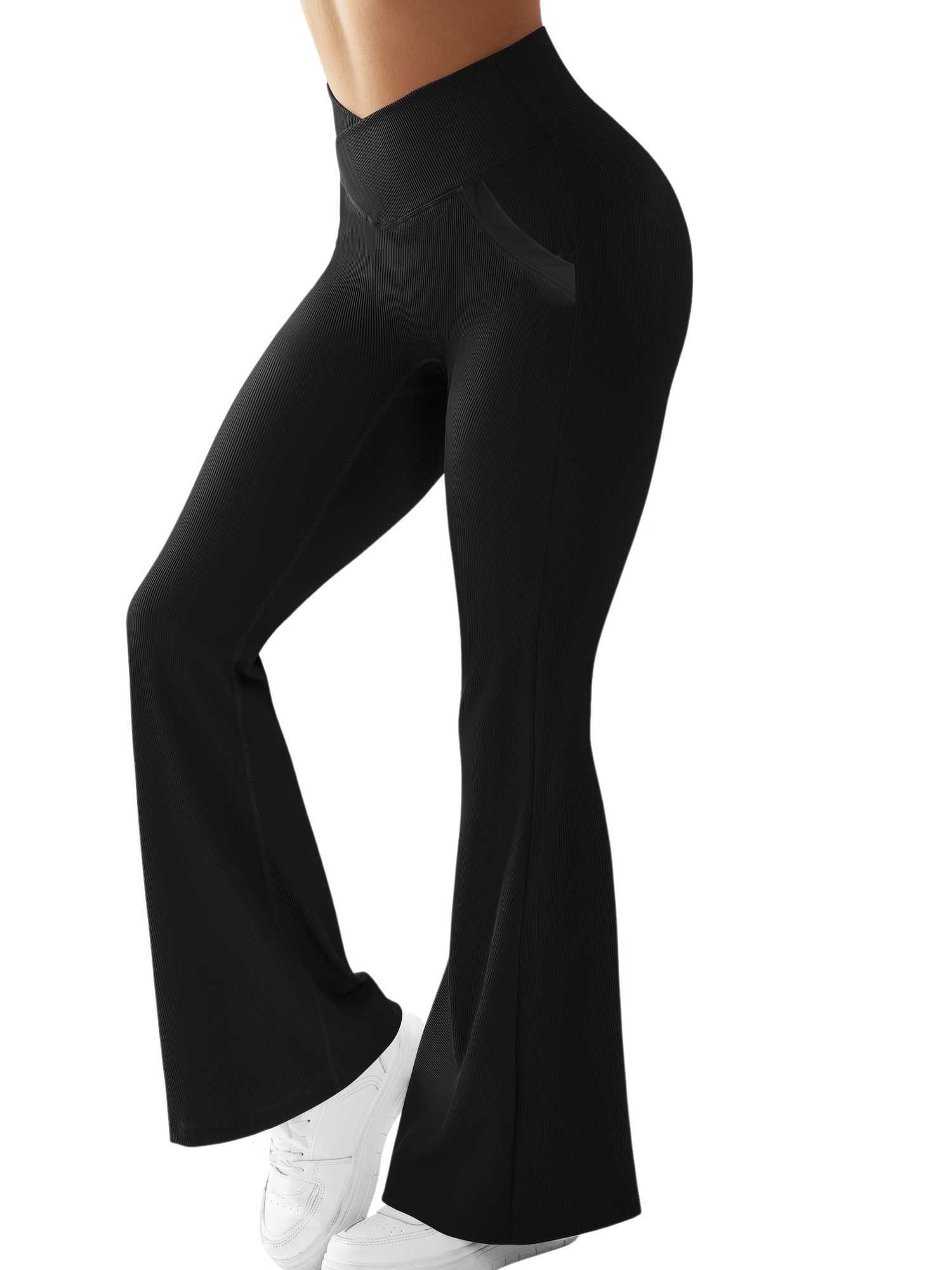 2 pockets high waist elastic ultra-thin womens flange legs solid elegant Versatile tight fitting womens street leisure yoga fitness exerciseC250425