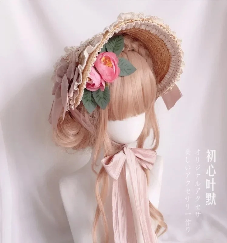 Lolita Girls Elegant Lace Flowers Straw Hat Multi Colored Bonnet Flat Hat 250420