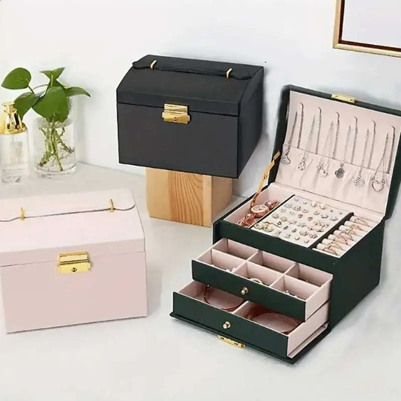 Three Drawer Handheld Jewellery Box Earring Ring Necklace Storage Box PU Leather Jewellery Display Box With Security Key Lock 250424