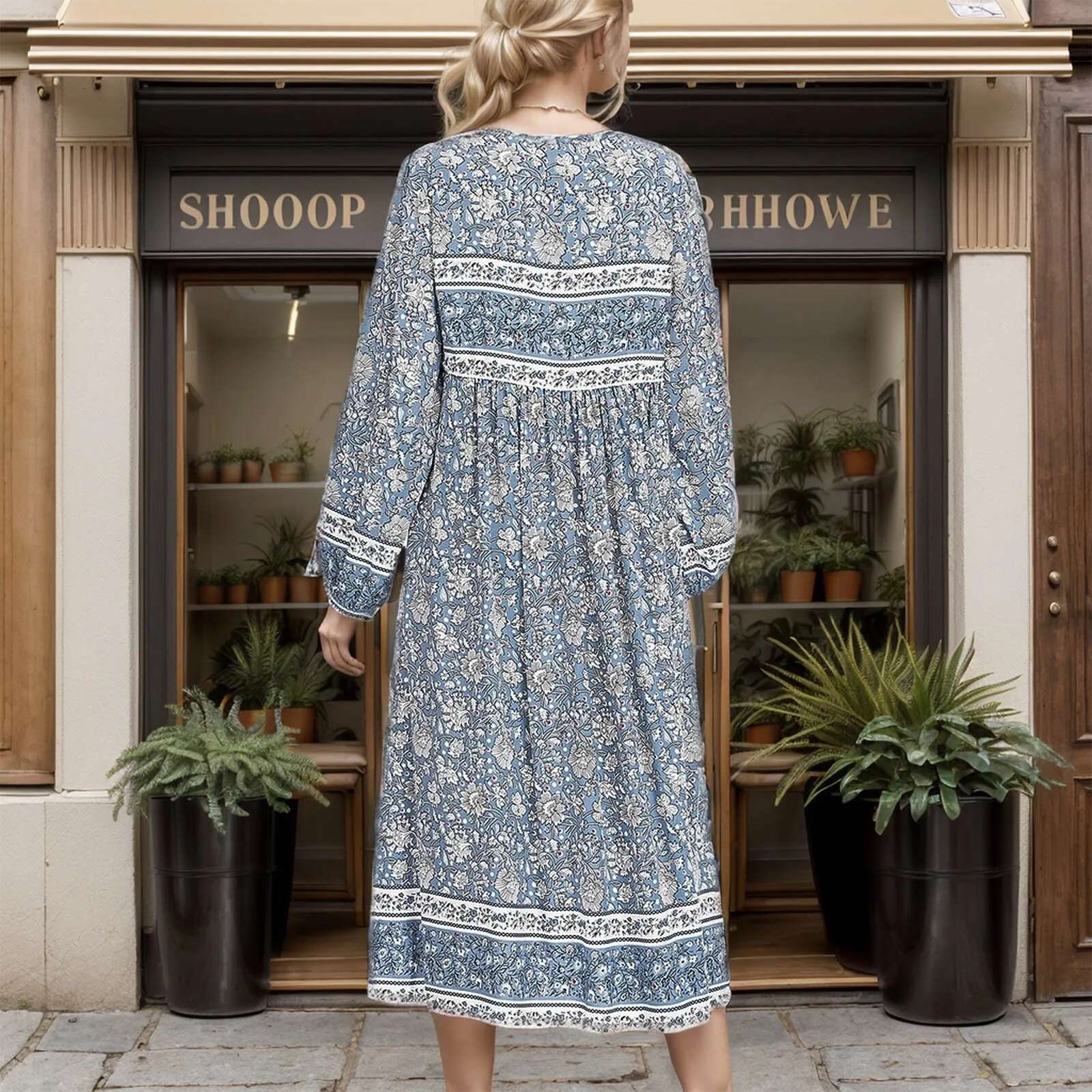 Dongdumaoyi Vintage Chic Women Tie Neck Long Sleeve Floral Porcelain Print Beach Bohemian Maxi Dresses Ladies Rayon Cotton Boho Dress Robe