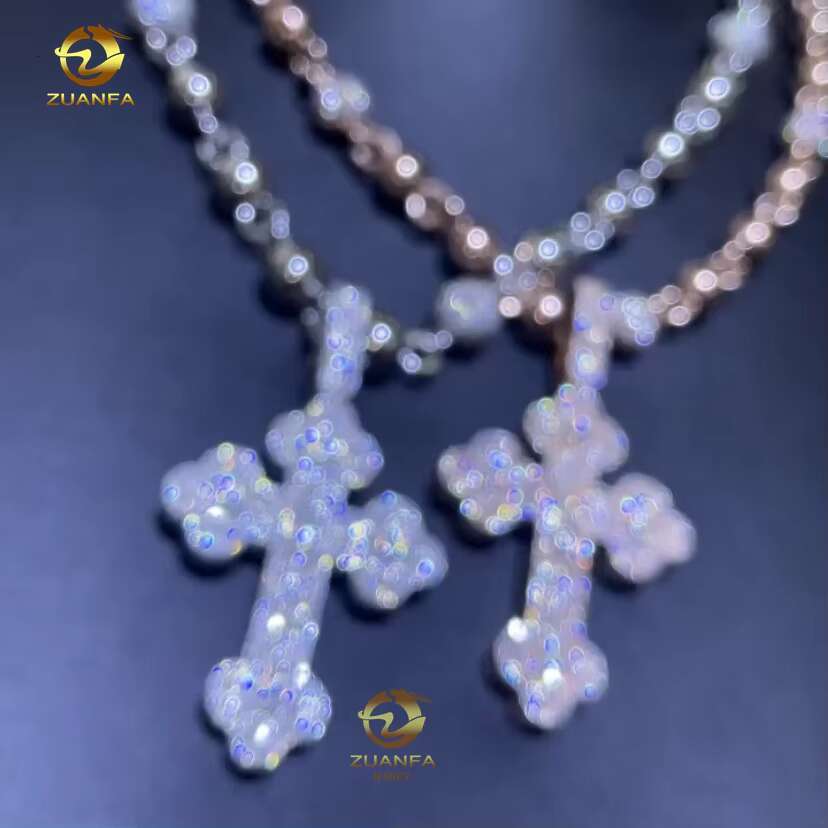 Wholesale Price Hip Hop Luxury Gold Rose Gold Silver Vvs baguette Moissanite Diamond Iced Out Cross Pendant Necklace
