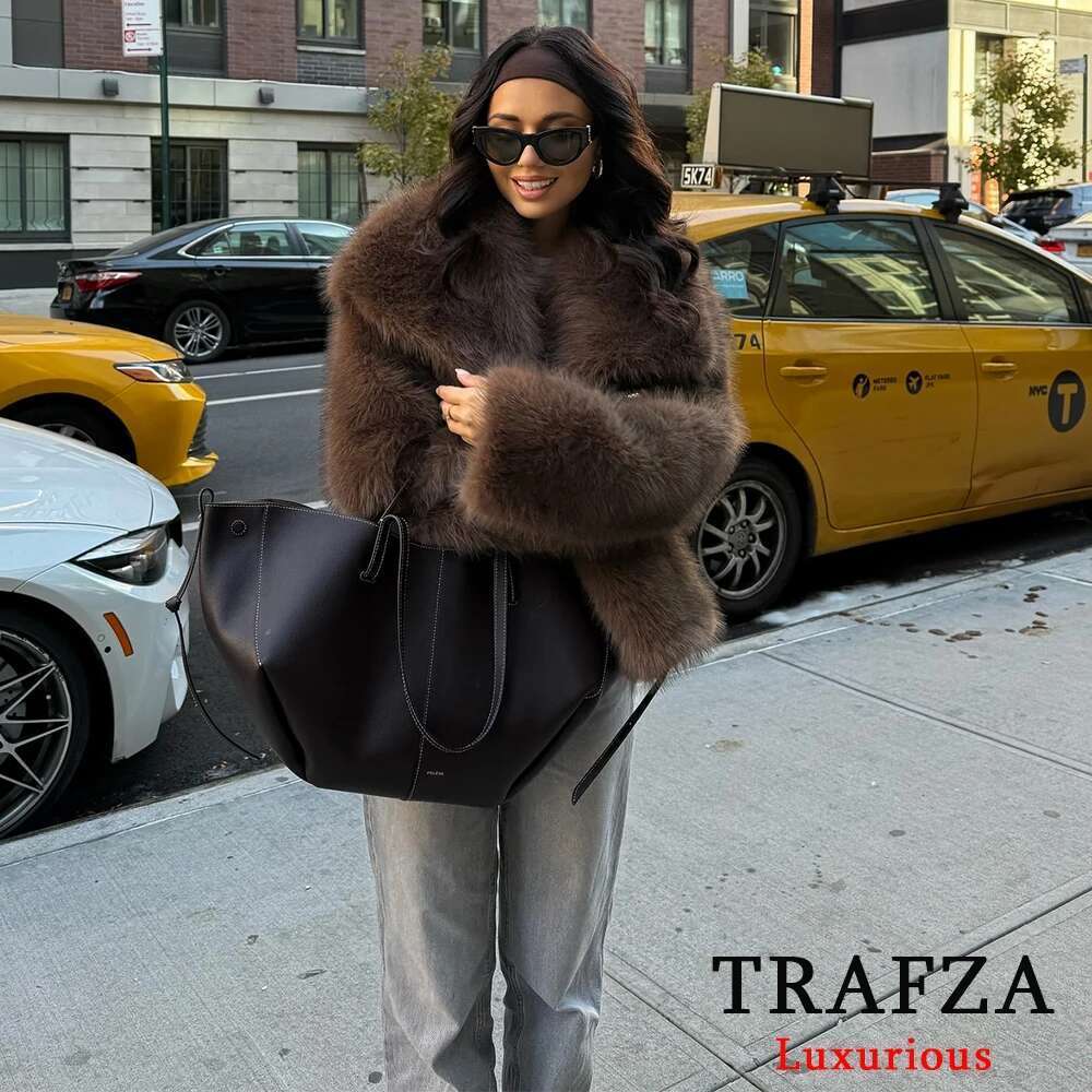 TRAFZA Casual Brown Thick Jackets Women Long Sleeve V Neck Autumn Winter Faux Fur Coats Fashion 2024 Streetwear Outwears