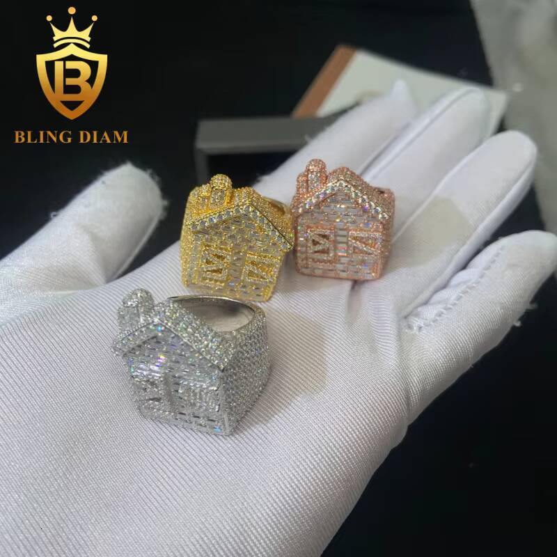 925 Sterling Silver Moissanite Rings House Shape Ring Iced Out Moissanite Hip Hop Jewelry High Quality Diamond Pass Diamond Test